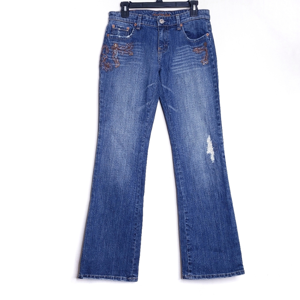 American Eagle Stretch Boot Beaded Distressed Bootcut Jeans Y2K Women's Size 6